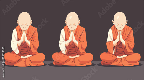Serene Buddhism Monk in Meditation Pose - Flat Vector Illustration