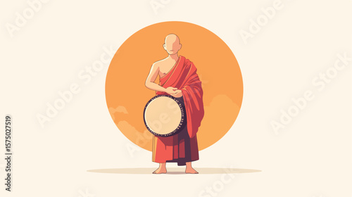 Buddhist Monk with Drum Flat Vector Illustration
