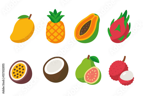 Tropical fruits in flat style: mango, pineapple, papaya, dragon fruit, passion fruit, coconut, guava, lychee