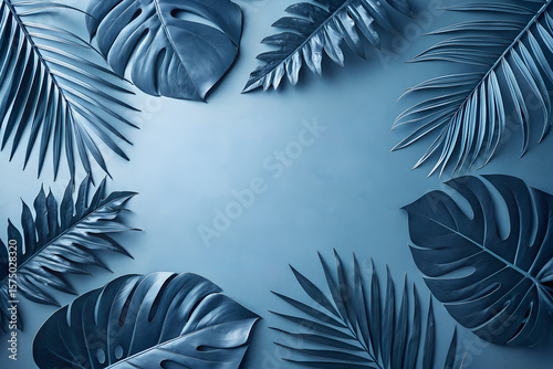 Collection of tropical leaves, foliage plant in blue color with space background
