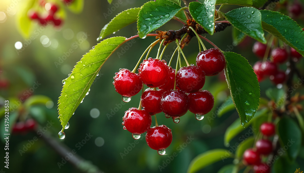 Fototapeta premium Fresh Red Cherries on Branch with Raindrops After Rain