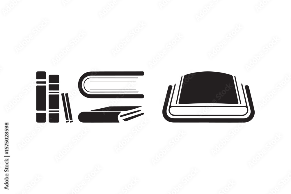 Collection of simple black book icons representing literature and knowledge