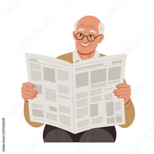 Elderly man smiling while reading a newspaper in a cozy setting  