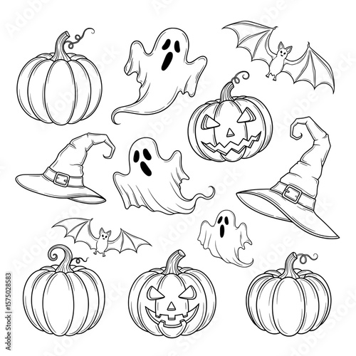 The image is a vector illustration showcasing various Halloween-themed objects like pumpkins, ghosts, bats, and witch hats, in an outline style.