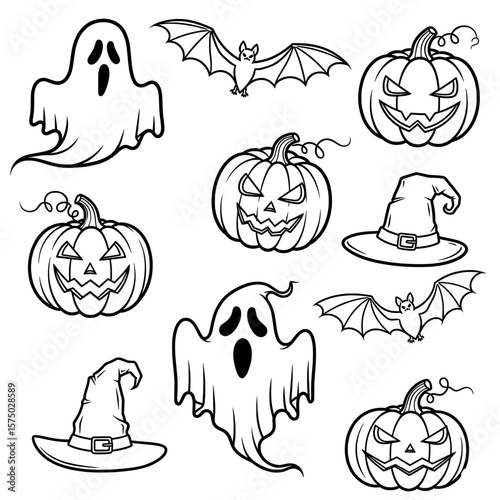 The image is a vector illustration showcasing various Halloween-themed objects like pumpkins, ghosts, bats, and witch hats, in an outline style.