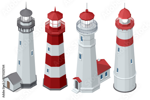 A set of four detailed Isometric lighthouses, each with unique architectural features and color schemes, standing tall as beacons of safety.