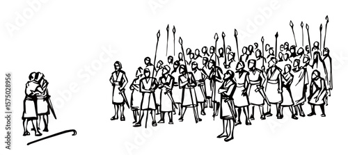 Vector drawing. Meeting of two tribes