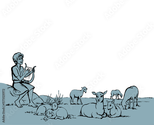 Vector drawing. Guy playing the harp at the field