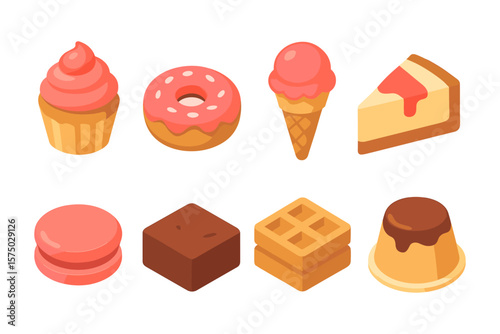 Set of various sweet desserts in cute isometric style with cakes and ice cream