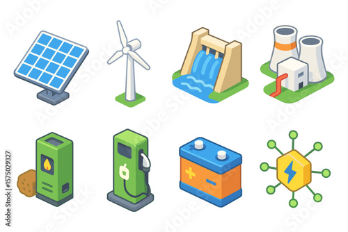 Sustainable energy icons featuring solar, wind, and hydroelectric power in isometric style
