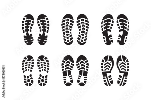 Collection of six black shoe sole imprints on a white background