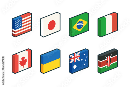 Isometric flag icons of various countries: usa, japan, brazil and more