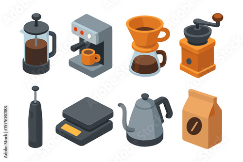 Isometric coffee making tools: modern collection of brewing equipment icons