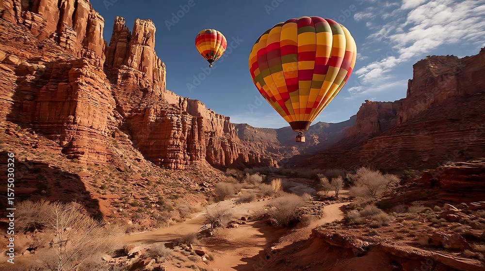 Naklejka premium the scene features a vast canyon landscape under a clear blue sky, with towering rock formations dominating the view. two airships float in the open space between the canyon walls