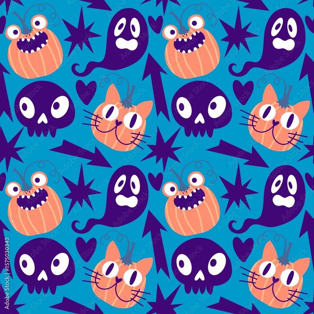 Obraz premium Halloween animals cartoon seamless cat monsters pattern for wrapping and kids clothes print and party accessories