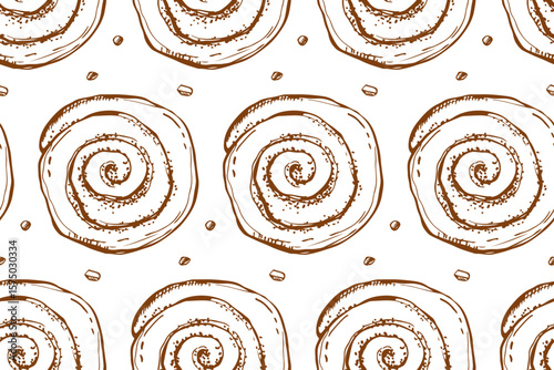 Seamless pattern of cinnamon roll outline. Pastry sweet bakery, top view. Vector bakery foods, sweet nutrition snack. Repeated background for wallpaper, wrapping, packing, textile, scrapbooking