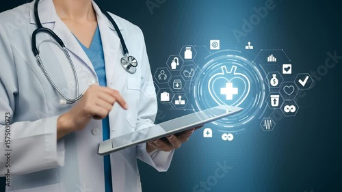 Doctor holding digital tablet with holographic medical icons. Medical professional integrates digital solutions in healthcare. Protection personal data. Innovation and technology in patient care