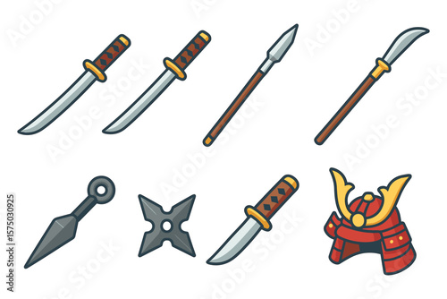 Traditional japanese weapons and armor icons in flat style