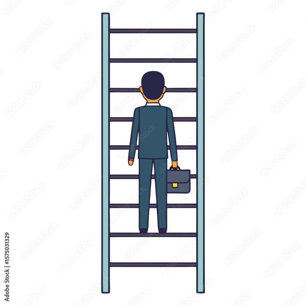 Fototapeta premium Businessman climbing ladder with briefcase back view silhouette vector illustration