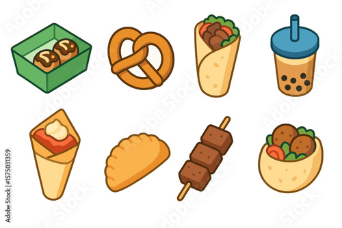 Colorful cartoon fast food icons featuring snacks and drinks