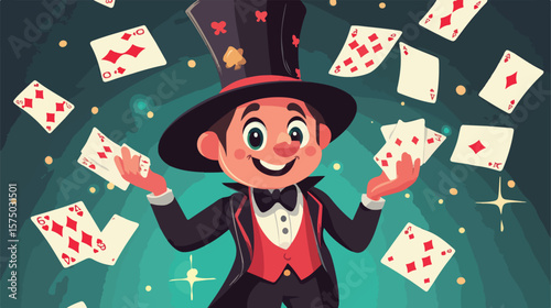 Cute Little Magician Playing Cards Vector Illustration