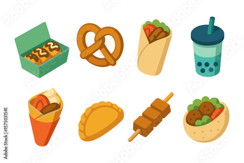 Set of popular street food icons in flat design style