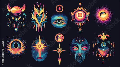 Nine Esoteric Art Set Icons Vector Bundle