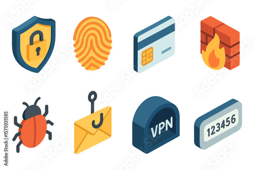 Essential isometric cybersecurity icons featuring lock, fingerprint, and firewall designs