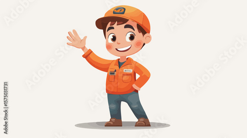 Cheerful Cartoon Mechanic Boy Waving in Flat Vector Illustration