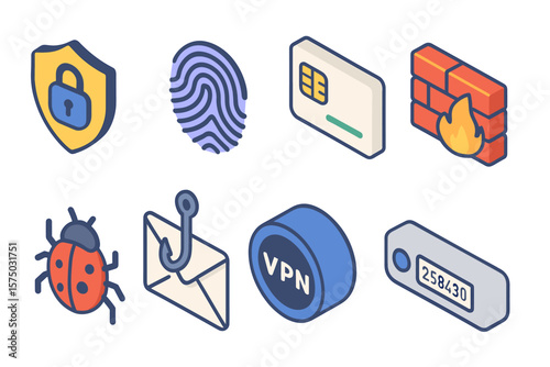 Cyber security icons: shield, fingerprint, card, firewall, bug, phishing, vpn, authentication in isometric style