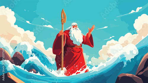 Cartoon Moses Parting Red Sea Flat Vector Illustration