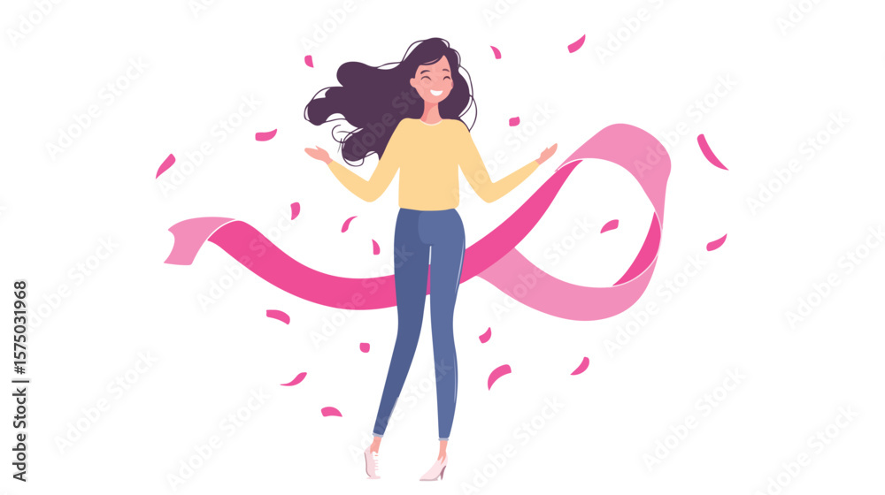 Fototapeta premium Cartoon Woman Holding Pink Ribbon - Flat Vector Illustration