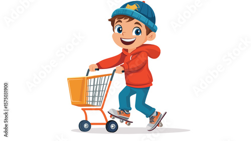 Cartoon Skater Boy Pushing Shopping Cart