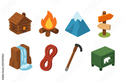 Outdoor adventure icons in isometric style for camping and hiking enthusiasts