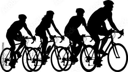 "Silhouettes of five people cycling in a staggered formation, wearing sporty outfits. The group includes a mix of genders and ages. Bicycles are standard road bikes. Each cyclist is mid-motion, set ag