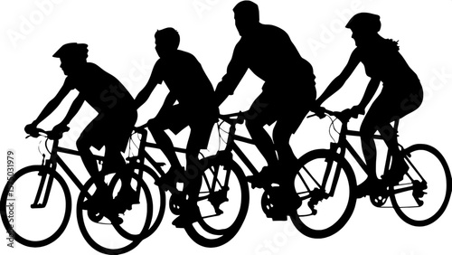 "Silhouettes of five people cycling in a staggered formation, wearing sporty outfits. The group includes a mix of genders and ages. Bicycles are standard road bikes. Each cyclist is mid-motion, set ag