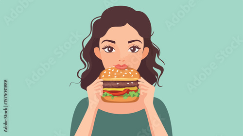 Cartoon Woman Eating Burger Flat Vector Illustration