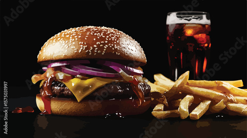 Delicious Burger with Fries, Cheese, Onion, Bread, and Cola on Table