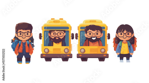 Diverse Group of Students on School Bus with Backpacks