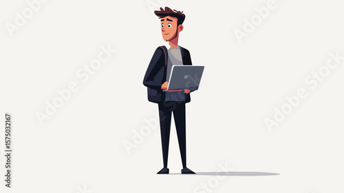 Professional Business Character Working on Laptop in Flat Design Background