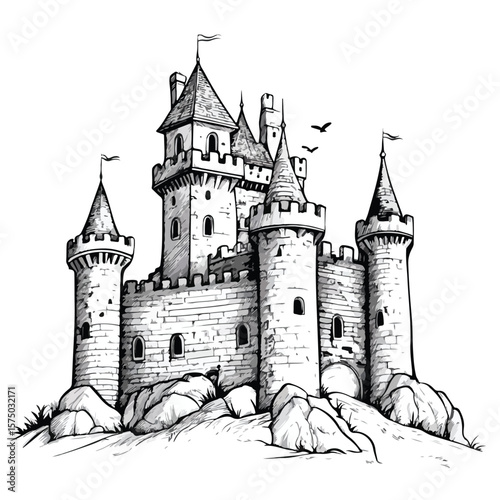 Whimsical Black and White Cartoon Castle Vector Illustration