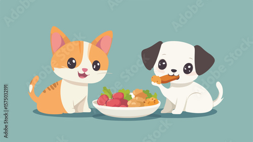 Cat and Dog with Food for Animals Vector Illustration