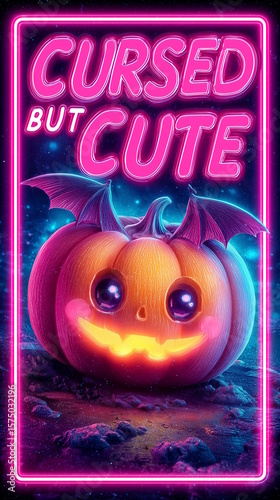 Cute Halloween pumpkin with bat wings and glowing smile against a mystical night background featuring vibrant neon colors, festive concept of decoration or party supplies