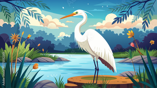 White heron, Great Egret, standing on the lake. Water bird in the nature habitat