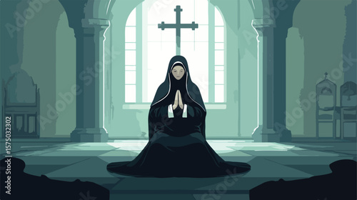 Catholic Nun Praying Flat Vector Illustration