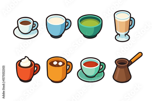 Colorful collection of coffee and tea cups in isometric style