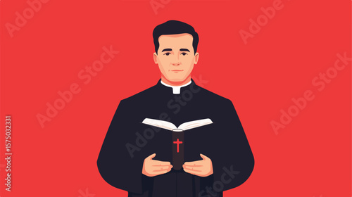 Catholic Priest Holding Bible Book Vector Illustration