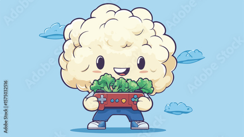 Cartoon Cauliflower Head Playing Video Games