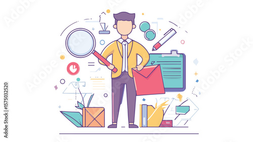 Businessman Figure with Magnifying Glass Line Search Concept