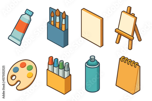 Colorful art supplies collection featuring paints, brushes, easel, and sketchpad in isometric style